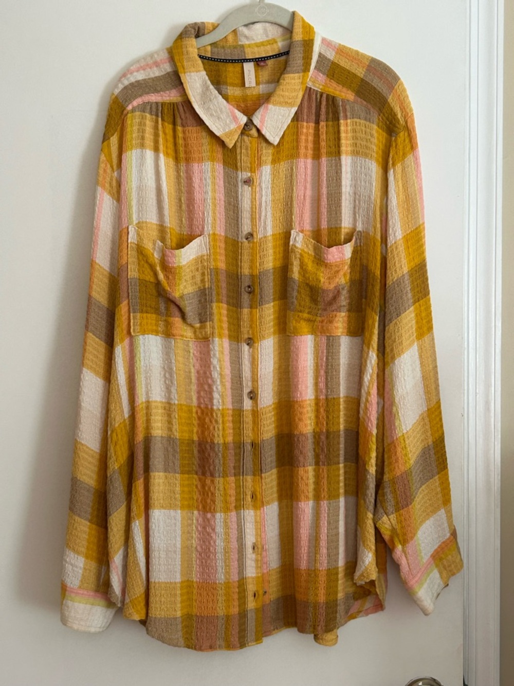 Pilcro Yellow Plaid Button-Down Shirt with Pink Accents